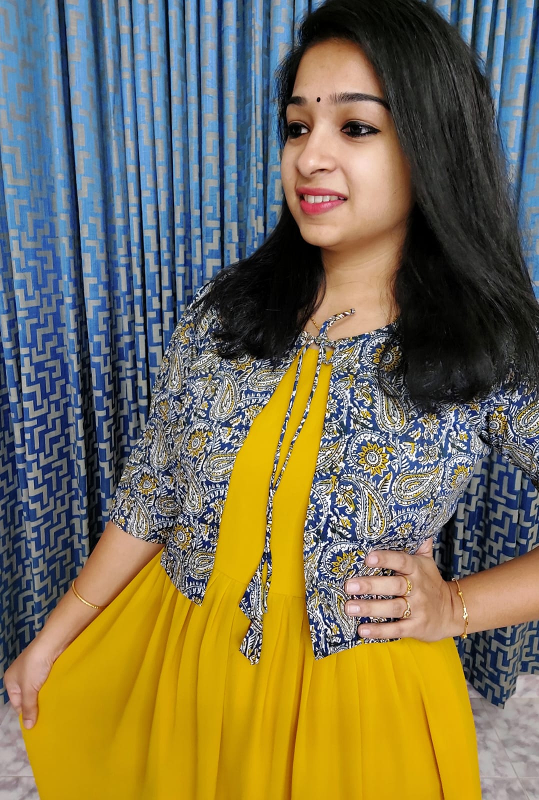 Mustard Colored Long Cotton Printed Kurti With Pant And Jacket