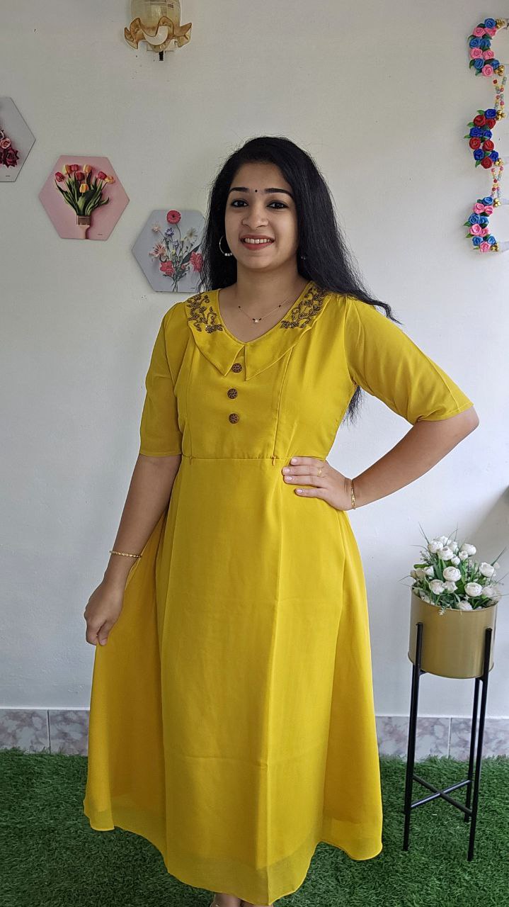 Georgette kurti with pleats and handwork in green gram shade –  MyBudgetStore.in