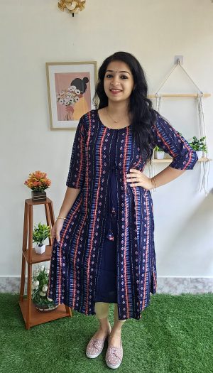 JACK N JILL HERITAGE HEAVY RAYON KURTA + DENIM JACKET DESIGNER LONG KURTI  WITH DENIM JACKET KURTI CATALOG WHOLESALER - textiledeal.in