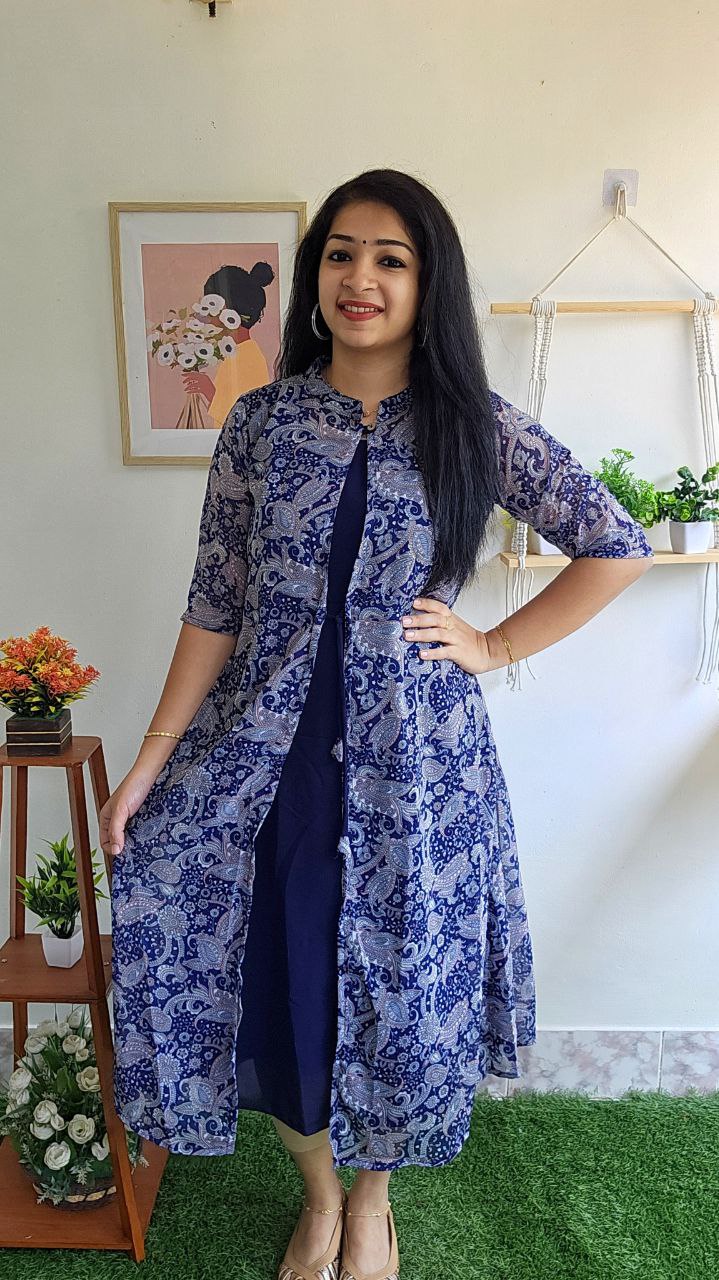 Navy Blue Cotton Kurti With Attached Jacket 225923