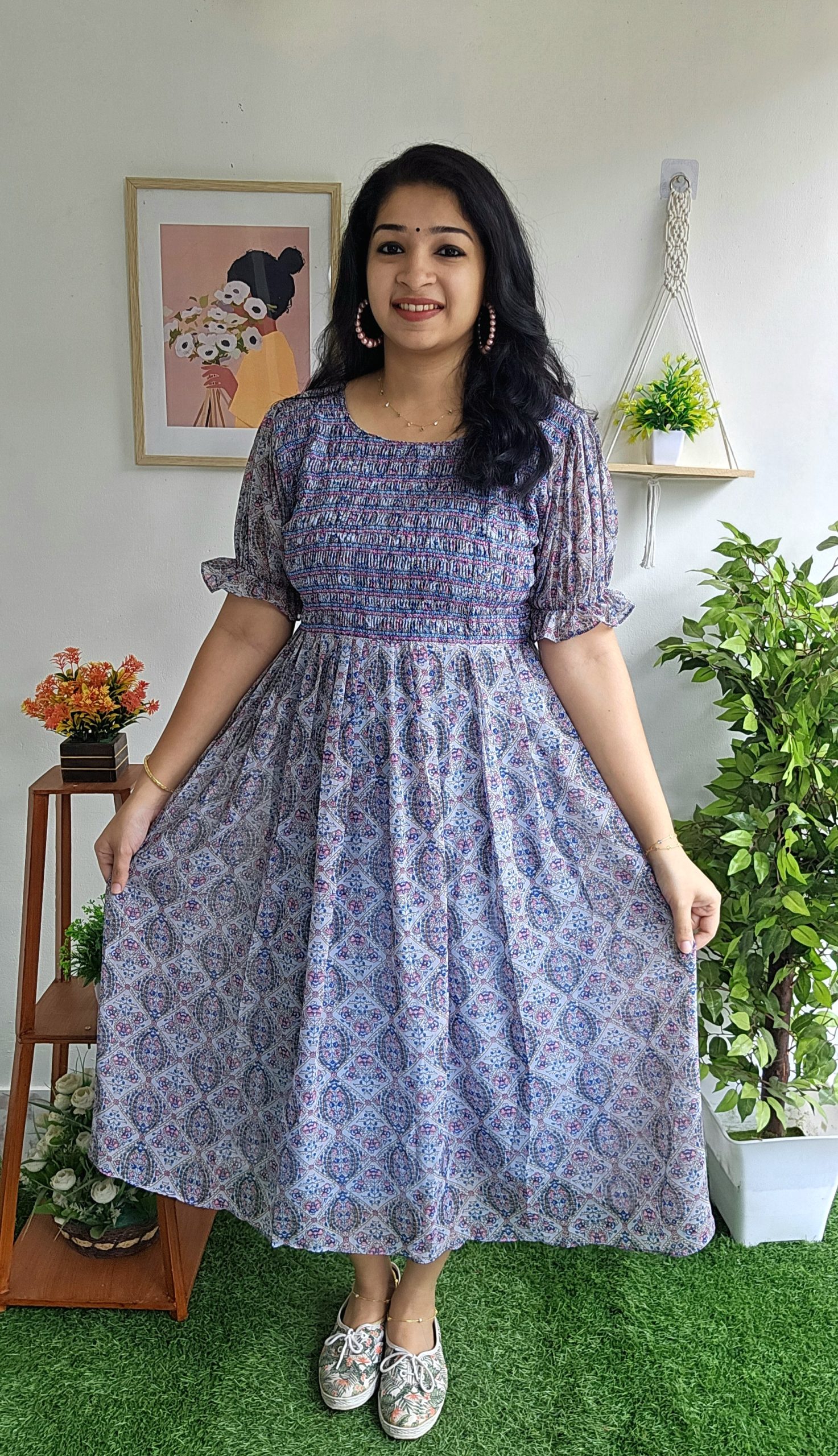 Normal Smocked Yoke Frock-nude Grey – Priya's Magic World