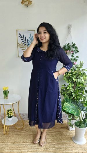 Maternity/Stylish Feeding Peter Pan Frock /Pocket Model Kurtis-NAVY BLUE